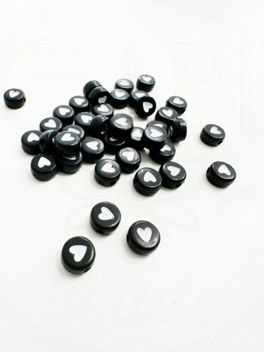 Plastikiniai karoliukai, širdelės, 7x7x4mm, juodos, baltos, spalvos, 25vnt
