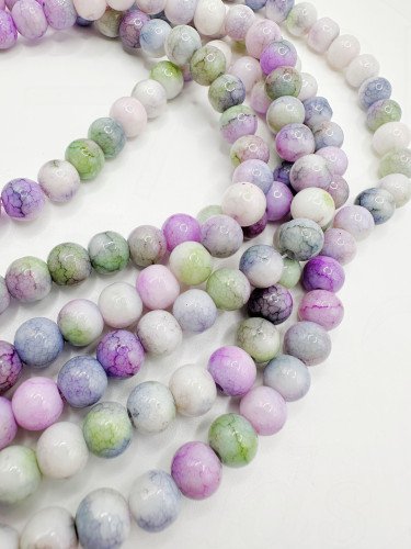 Stiklo karoliukai, pilkos, violetinės, žalios, baltos spalvos, 8mm 77cm juosta