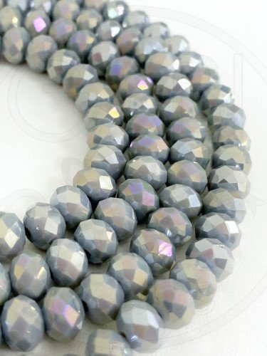 Stiklo kristalai, briaunuoti, rondelės forma, pilkos spalvos, su AB efektu, 4x3mm,...