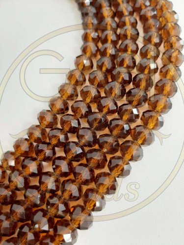 Stiklo kristalai, briaunuoti, rondelės forma, rudos spalvos, 8x6mm 44cm juosta