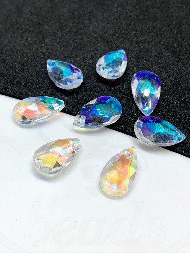 Stiklo pakabukai, lašo forma, skaidrios spalvos su AB danga , 22x13x7mm 2vnt