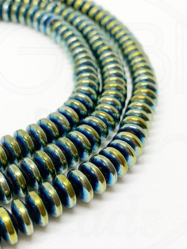 Hematitas, 8x3mm, žalios, melsvos spalvos, 40cm juosta
